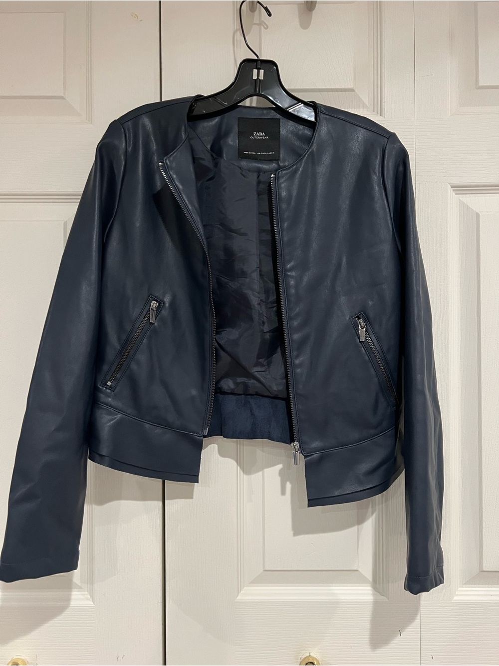 Zara Women's Dark Blue Faux Leather Bomber Jacket